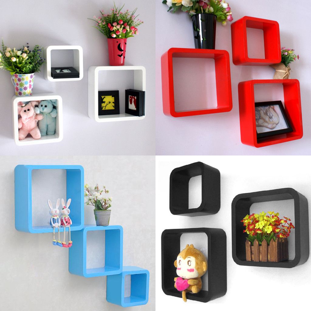 Set of 3 Floating Cube Wall Shelves Storage Shelf Mount White Black